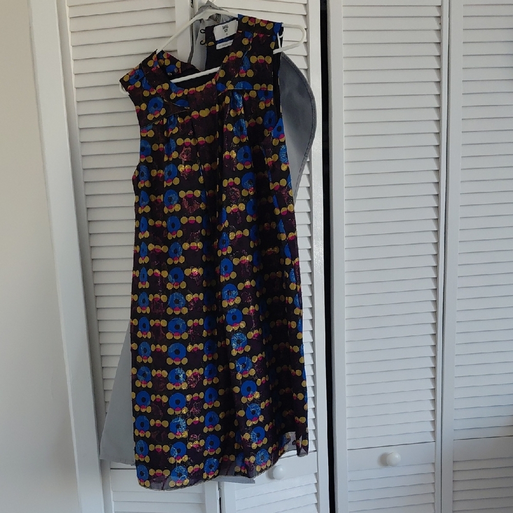 Sleeveless Floral Geo Print Dress in Black, Blue & Yellow